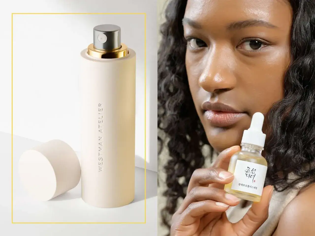 Una donna mostra un siero viso con niacinamide, ideale per trattare le macchie solari e uniformare l'incarnato.