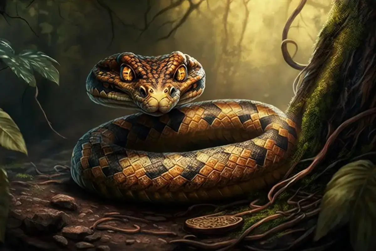 Una serpiente con escamas doradas y negras se enrosca en la tierra, sus ojos brillan intensamente. Es como soñar con serpientes en un bosque místico.