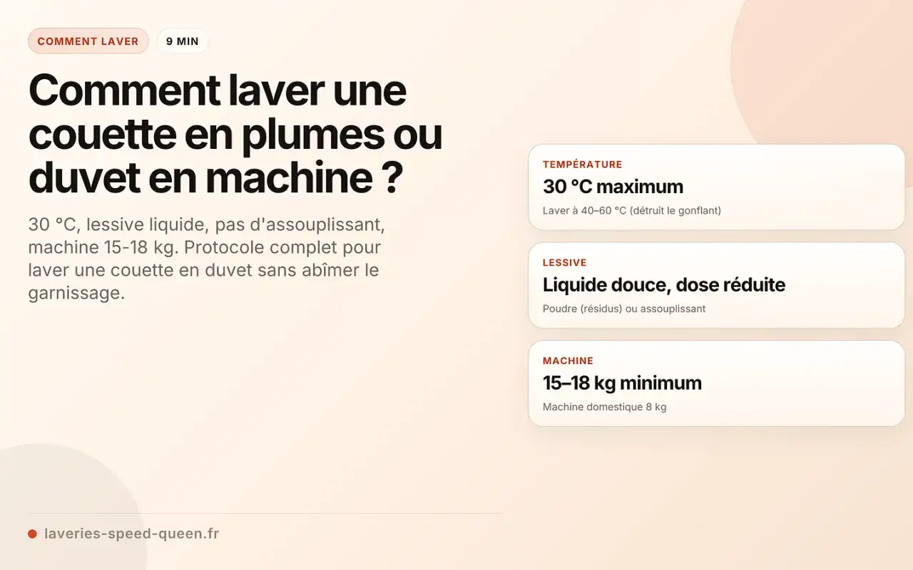 Guide pour le lavage d'une couette en duvet ou plumes en machine : 30°C, lessive liquide, pas d'assouplissant, machine 15-18 kg.