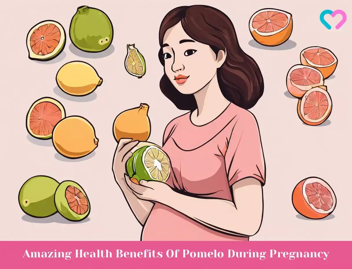 Schwangere Frau h&auml;lt eine Pomelo. Viele Pomelos und Grapefruits sind um sie herum verteilt, was die Vorteile von Pomelo in der Schwangerschaft hervorhebt.