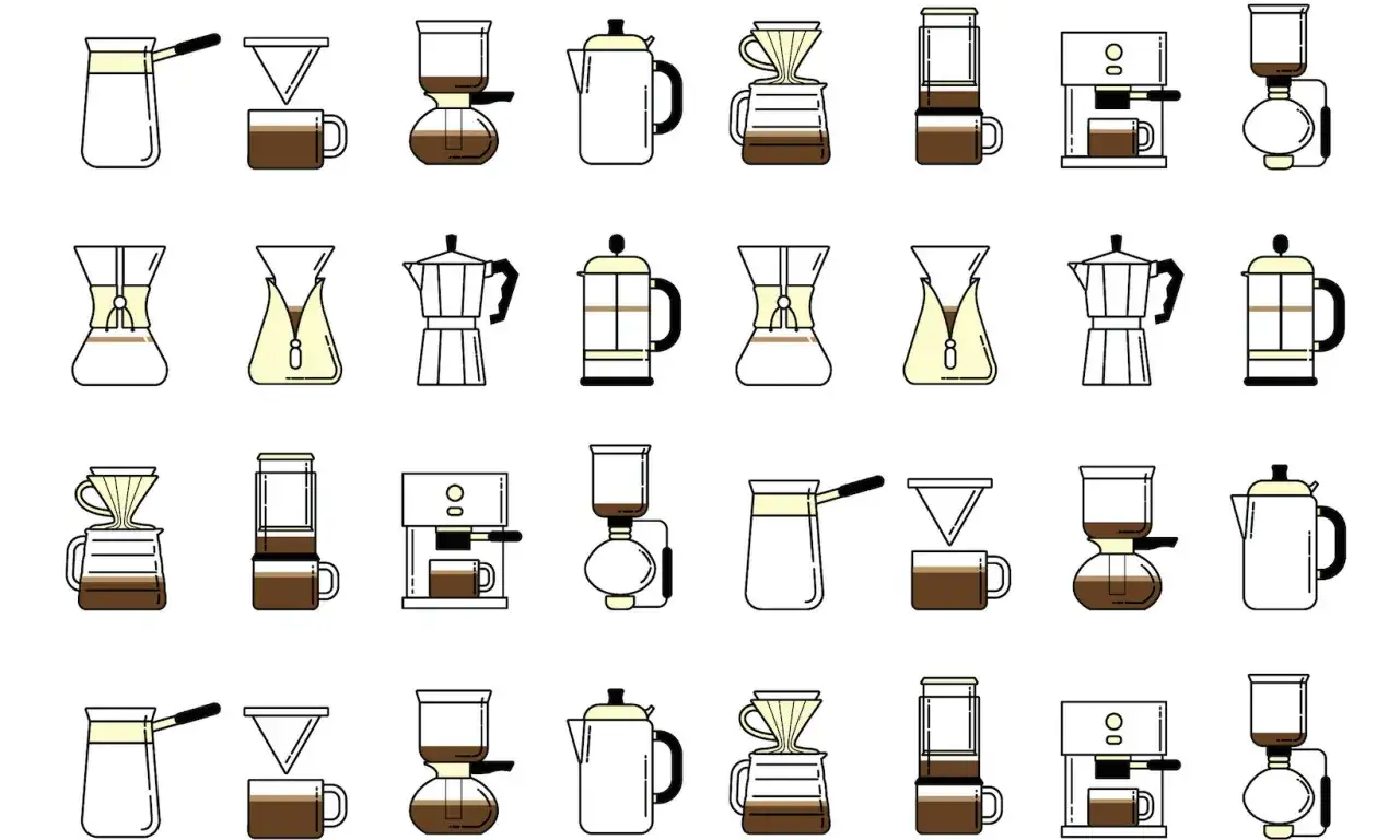 Illustrationer visar olika sätt hur brygger man kaffe: från mokabryggare till presskanna och pour-over.