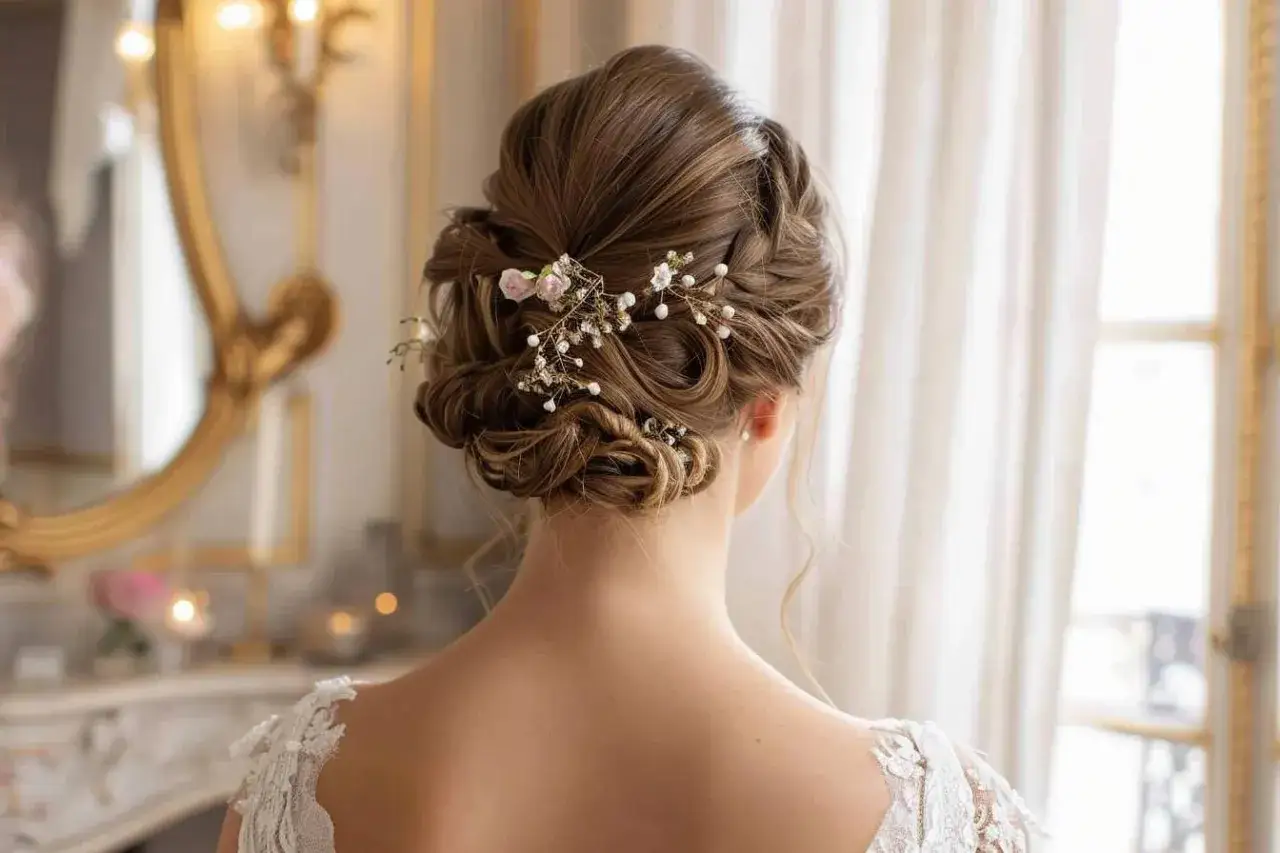 Chignon mariage romantique orn&eacute; de perles et de petites fleurs roses, avec des tresses subtiles.