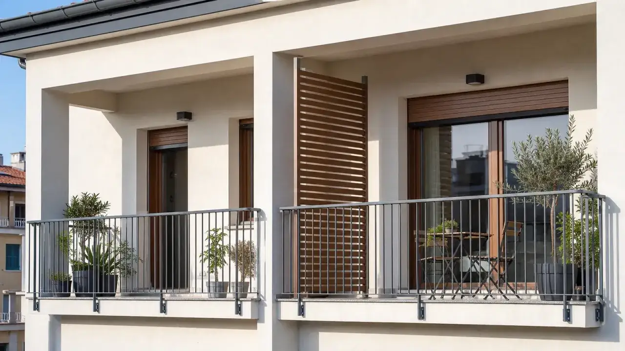 Schermo frangisole in legno per idee privacy balcone condominio. Piante in vaso e tavolino creano un angolo accogliente.