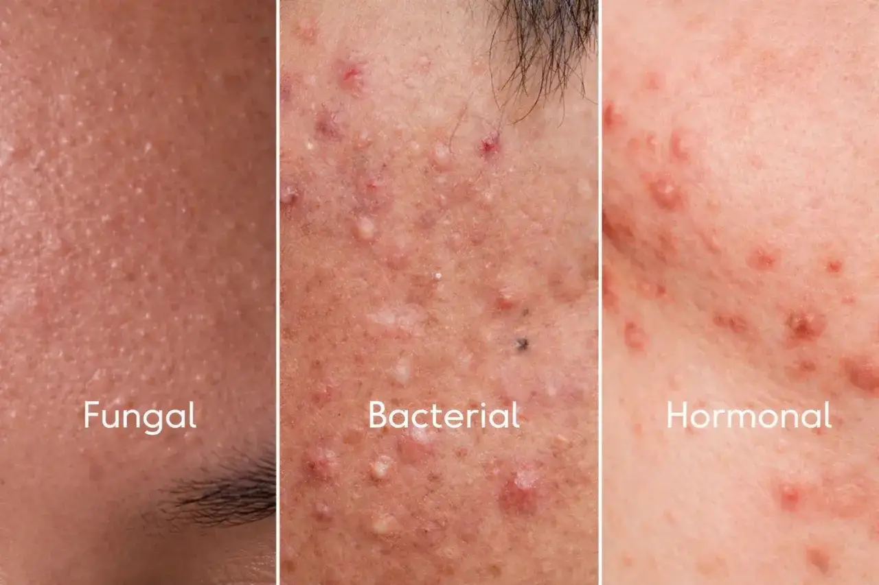 Porównanie zmian skórnych: grzybicze, bakteryjne i hormonalne. Różne rodzaje trądziku, w tym potencjalne candida objawy.