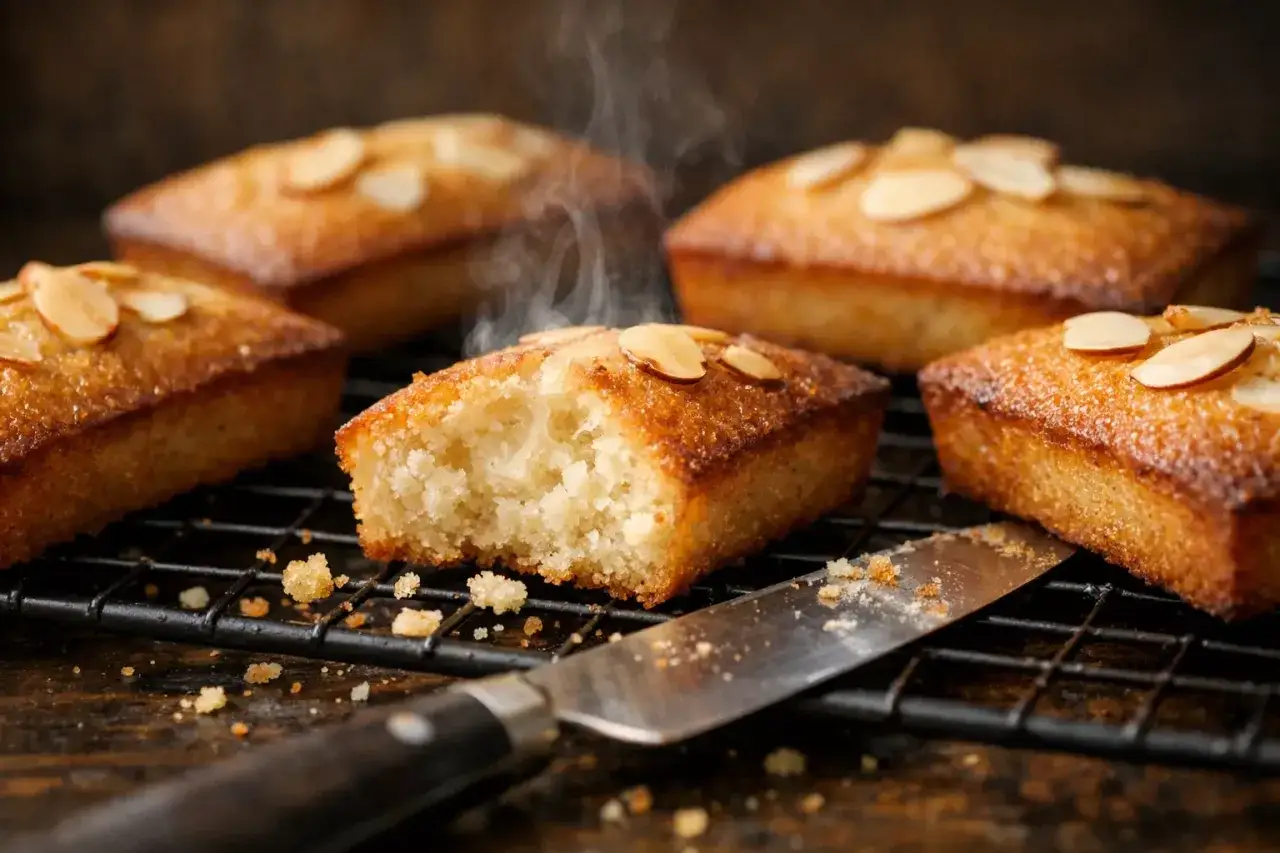 Délicieux financiers amandes recette grand-mère, encore chauds, sur une grille. Un couteau à côté, quelques miettes.