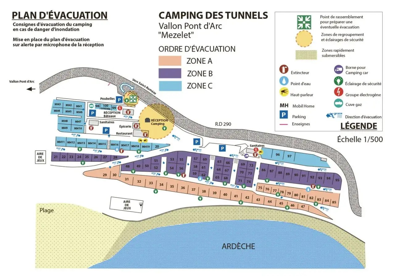 Plan d'évacuation du camping des Tunnels à Vallon Pont d'Arc, idéal pour organiser votre séjour en camping-car en toute sécurité.