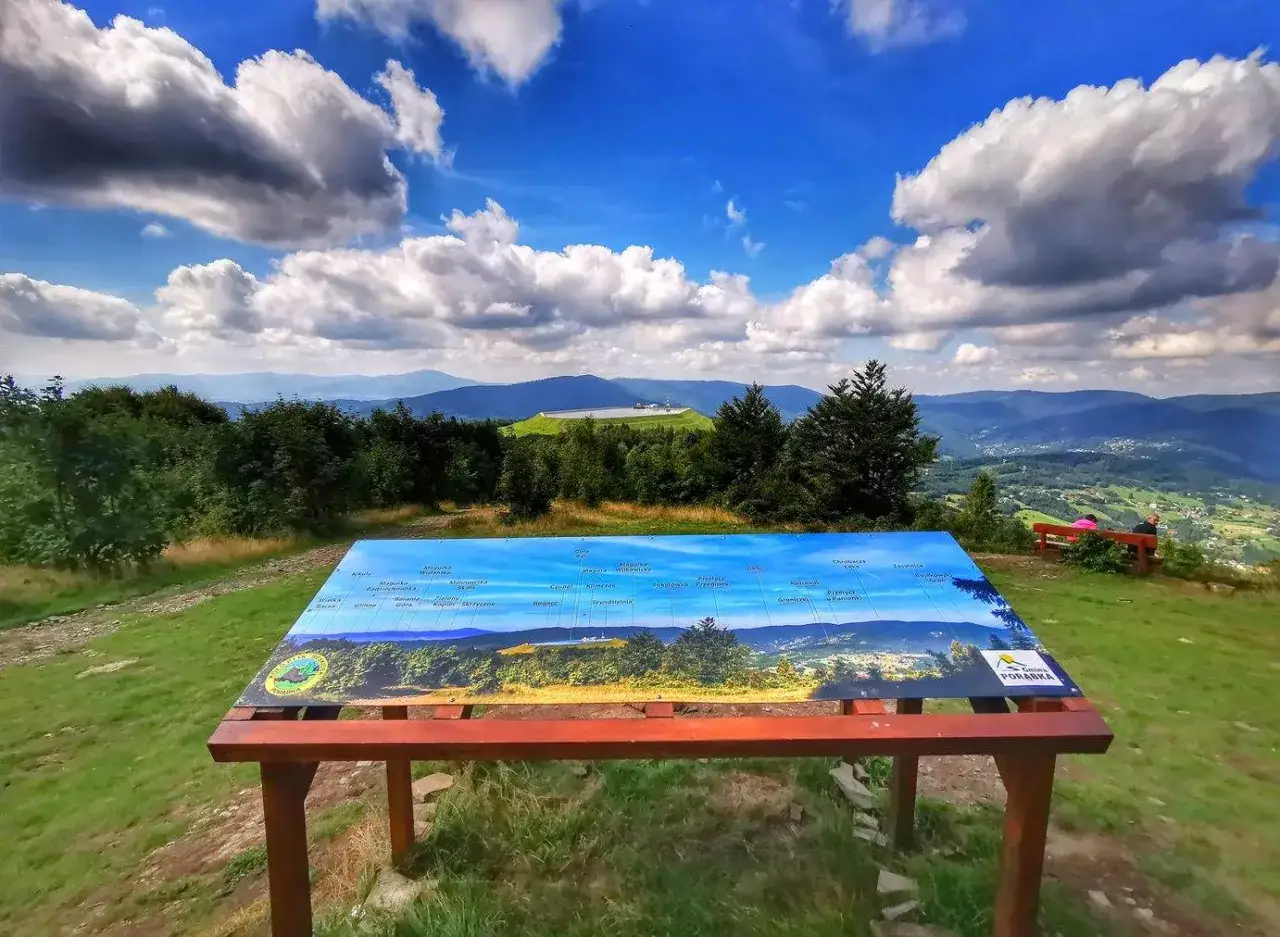Widok z kiczera szlak na malowniczą panoramę Beskidu Sądeckiego. Na pierwszym planie tablica informacyjna z nazwami szczytów.