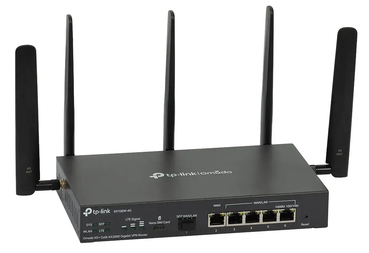 Router TP-Link Omada z czterema antenami i portami WAN/LAN. Idealny do sieci domowych i biurowych.