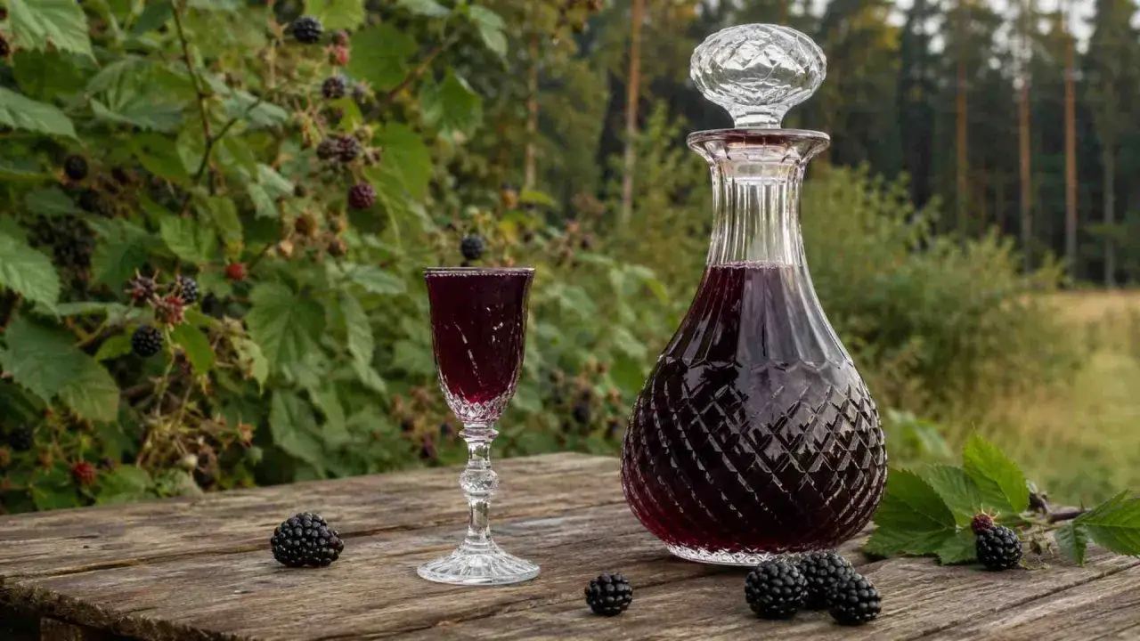 Nalewka z jeżyn przepis. Kieliszek i karafka z ciemnym, rubinowym trunkiem stoją na drewnianym stole, obok świeżych jeżyn.