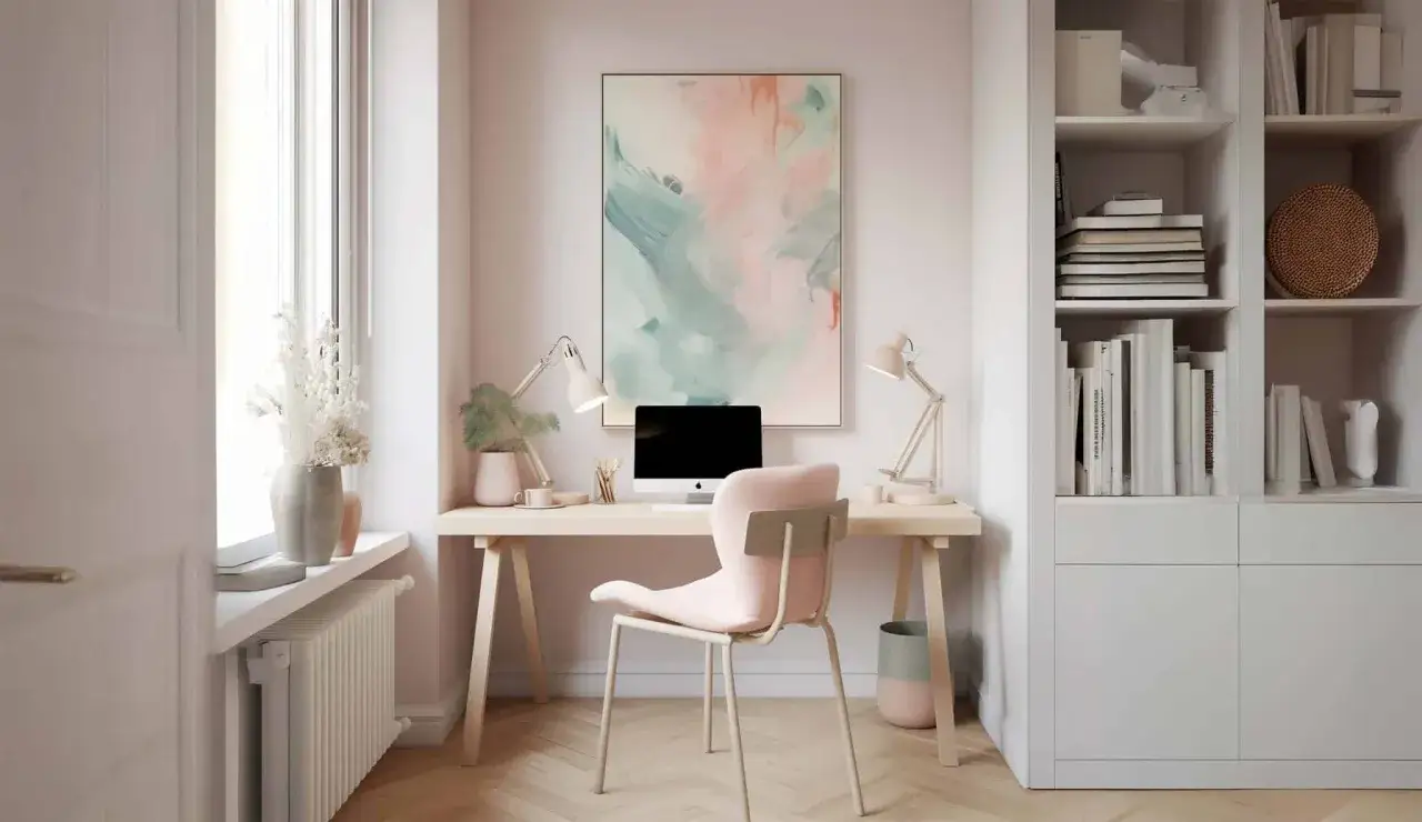 Ein heller, stilvoller homeoffice platz mit Schreibtisch, Computer, Stuhl und Bücherregal. Ein abstraktes Gemälde ziert die Wand.