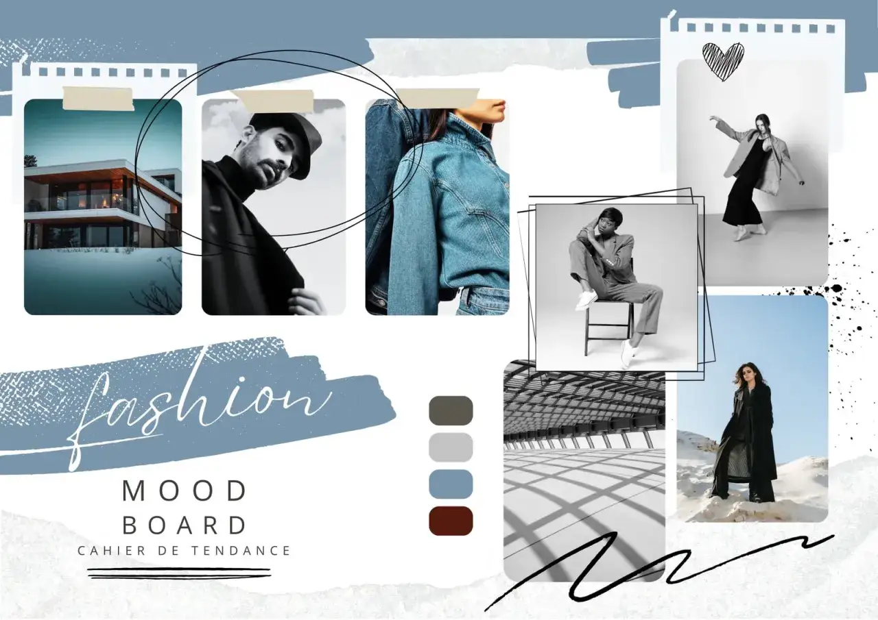 Moodboard mode : architecture moderne, hommes et femmes en tenues styl&eacute;es, et palette de couleurs inspirante.