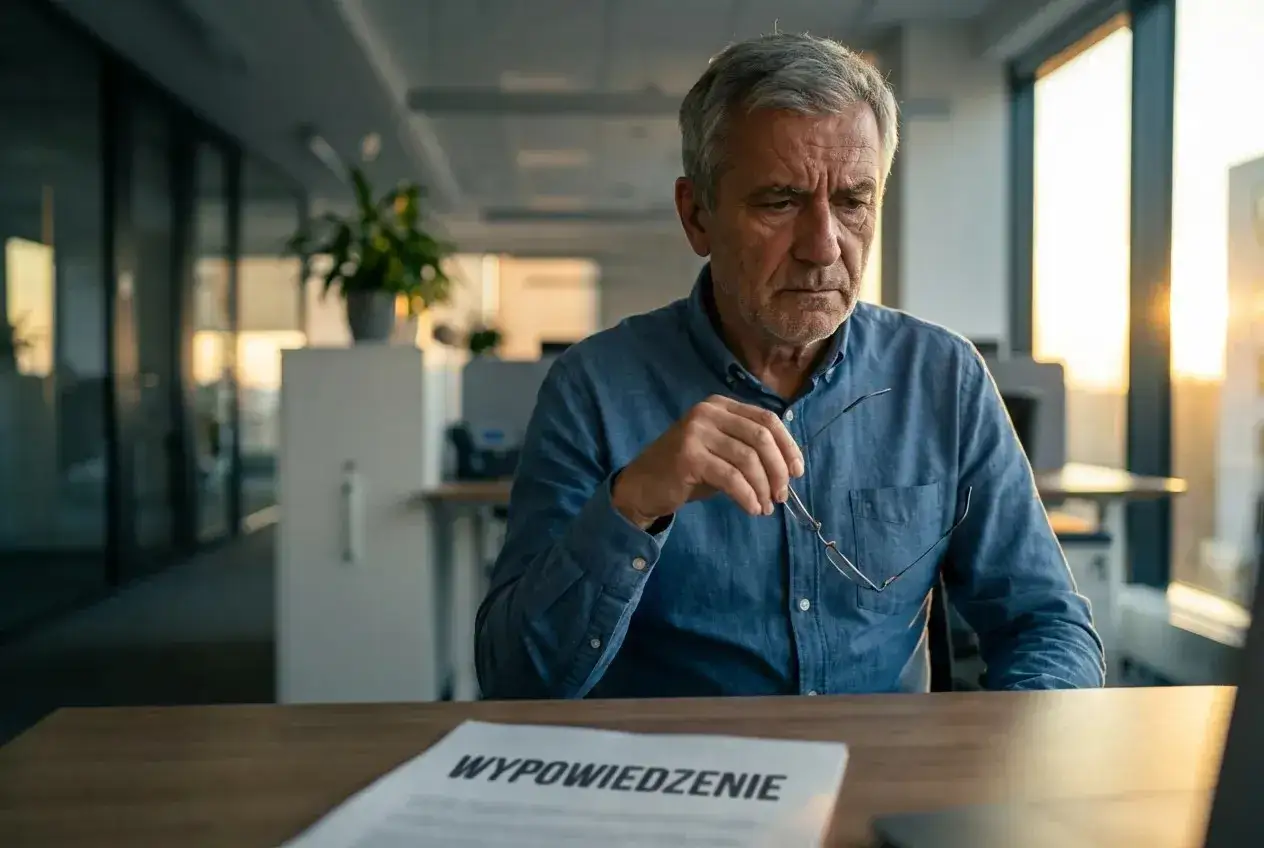 Zamyślony starszy mężczyzna z okularami w dłoni, przed nim dokument 