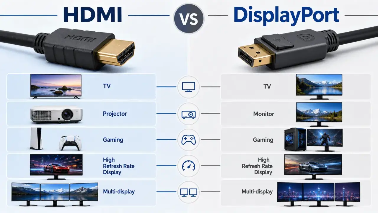 Porównanie HDMI vs DisplayPort: kable, telewizory, projektory, gaming, wysokie odświeżanie i multi-display.
