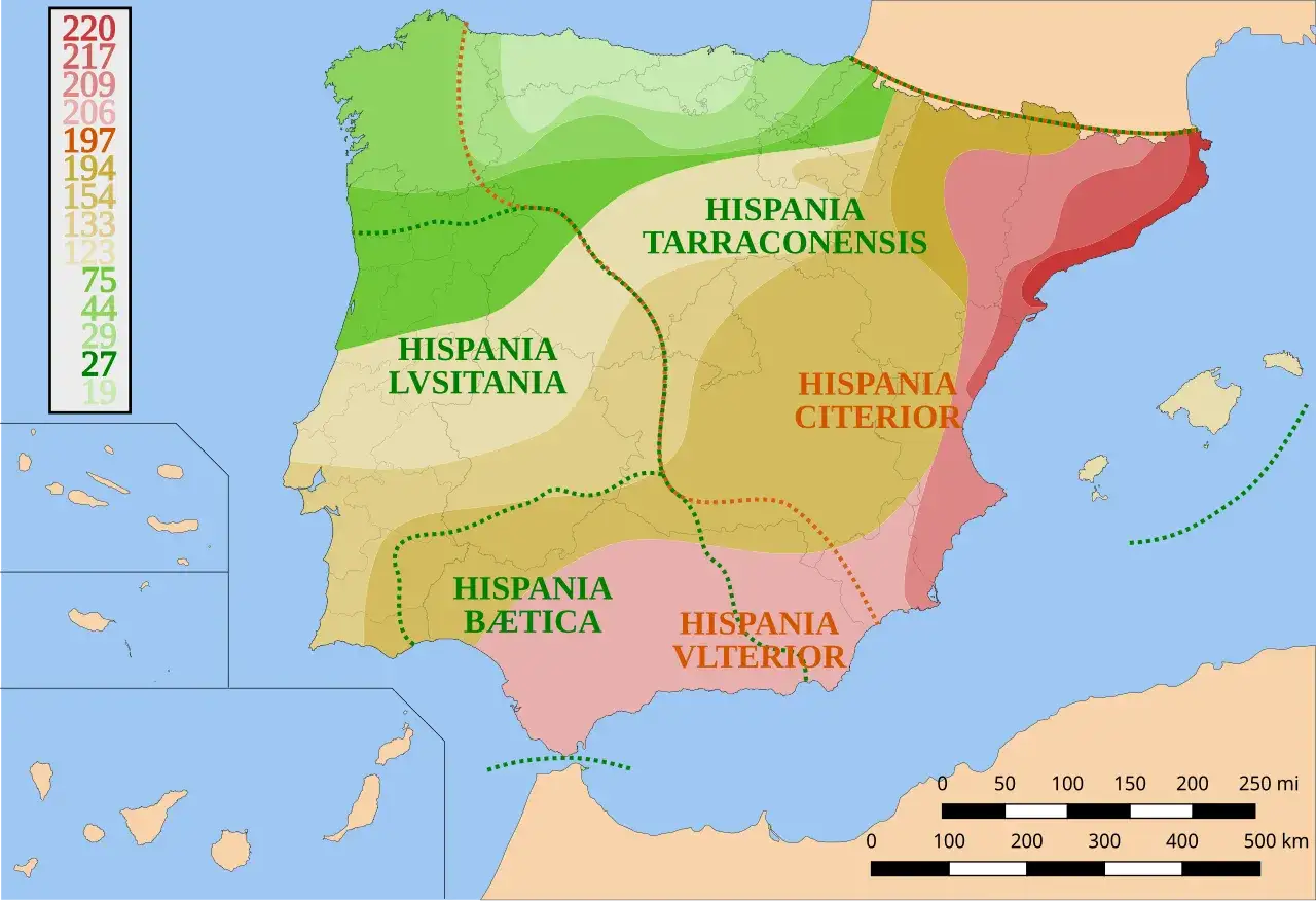 Mapa de la Pen&iacute;nsula Ib&eacute;rica mostrando las provincias romanas y fechas de conquista, clave para entender el inicio del imperio romano.