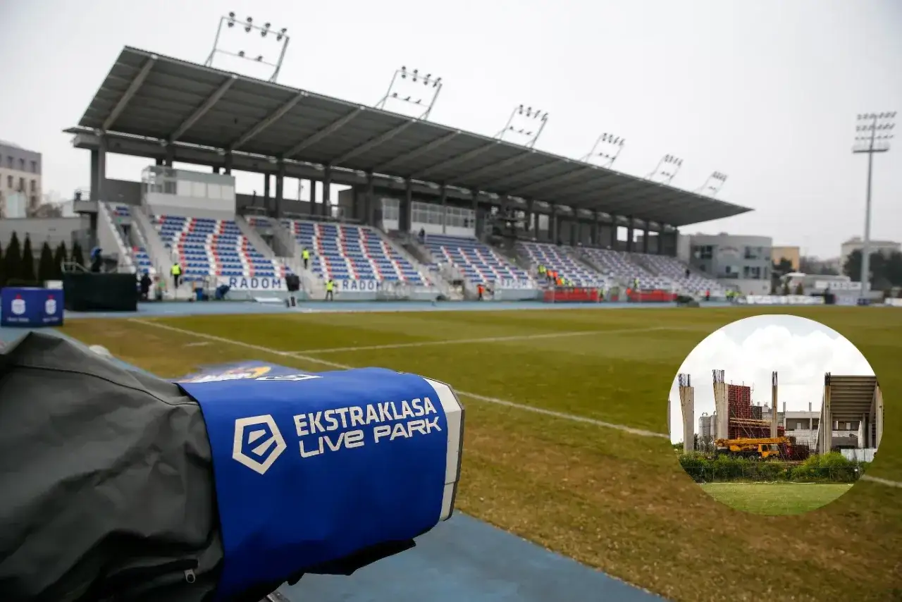 Stadion RKS Radomiak Radom w budowie. Widać trybuny, boisko i fragmenty prac budowlanych.