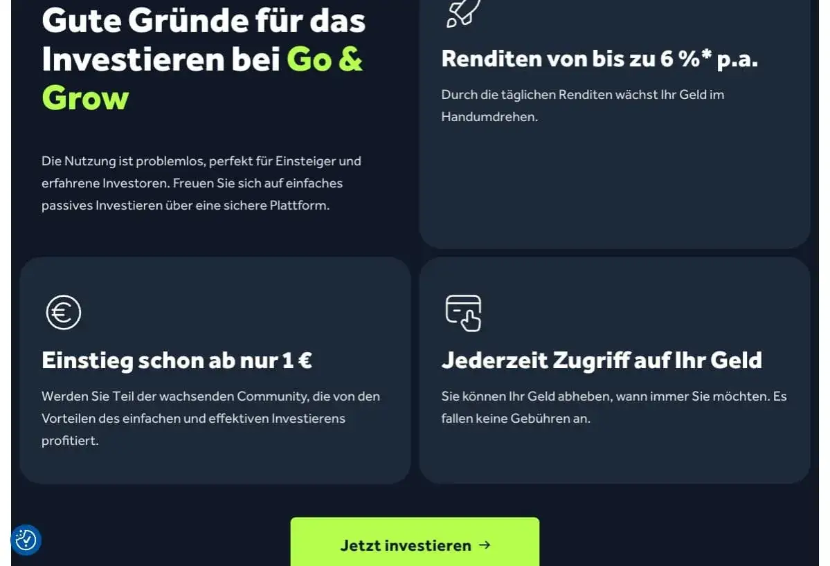 Gute Gr&uuml;nde f&uuml;r Investieren bei Go & Grow: Renditen bis 6% p.a., Einstieg ab 1&euro;, jederzeit Zugriff. Positive Bondora Go and Grow Erfahrungen sind hier ersichtlich.
