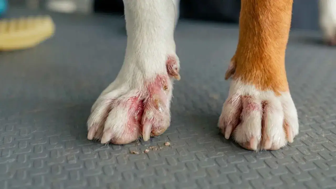 Patas de perro con pododermatitis, inflamación y enrojecimiento en la piel.