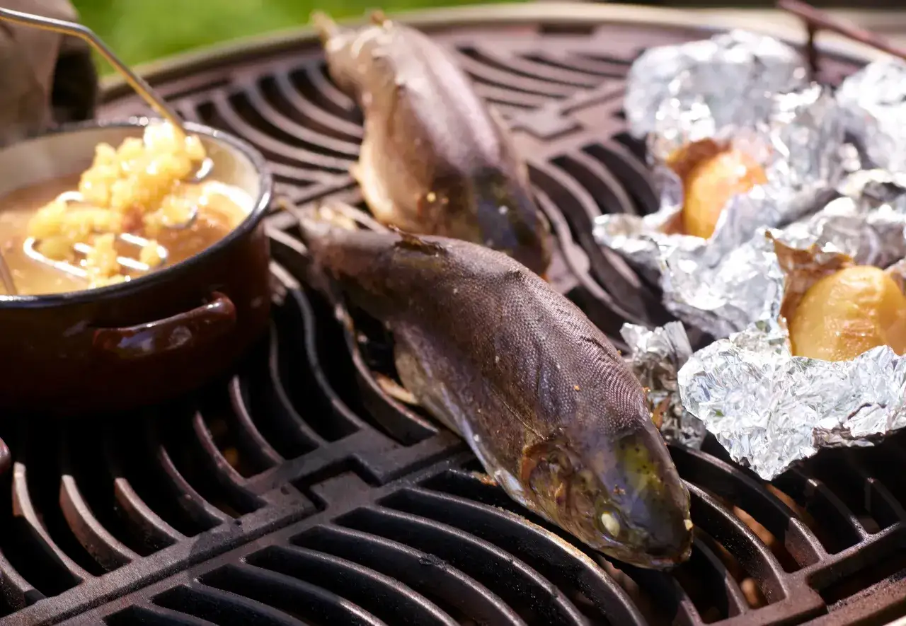 Zwei Fische werden auf einem Weber Grill zubereitet. Einer liegt direkt auf dem Rost, der andere wird in Alufolie gegrillt. Daneben eine Schüssel mit Apfelmus.