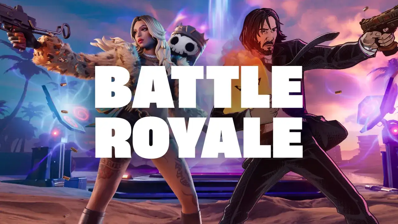 Dwóch bohaterów, kobieta w futrzanym płaszczu i mężczyzna w garniturze, gotowi do walki w grze Fortnite Battle Royale.
