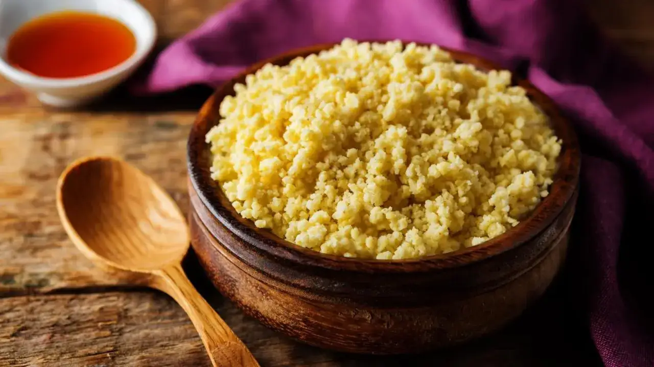 ¡Mijo, qué es! Un tazón de cuscús amarillo, listo para comer, con una cuchara de madera y un pequeño cuenco de salsa.