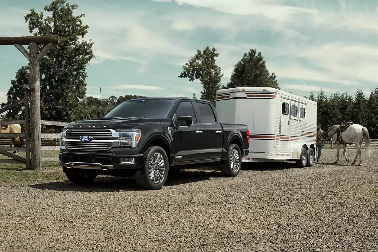 Czarny Ford F-150 Platinum holuje przyczepę z koniem. Na farmie czeka już inny koń.