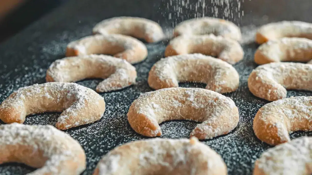 Vanillekipferl werden mit Puderzucker bestäubt. Die halbmondförmigen Kekse liegen auf einer dunklen Oberfläche.