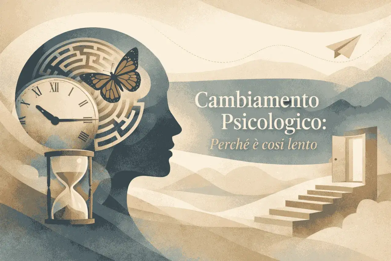 Il tempo necessario per un percorso dallo psicologo è rappresentato da un labirinto nella testa, una farfalla, un orologio e una clessidra.