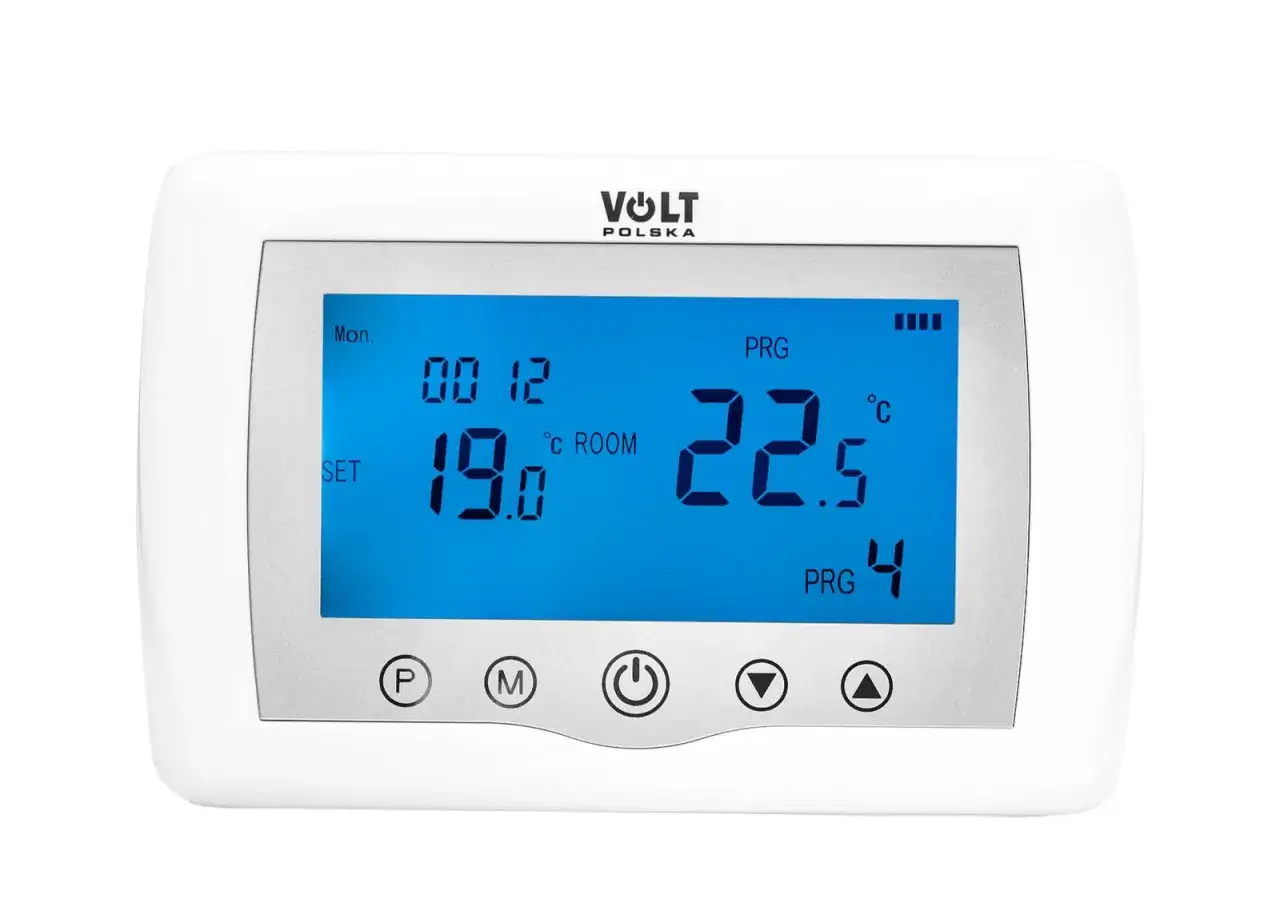 Cyfrowy termostat pokojowy Volt Polska. Wyświetla aktualną temperaturę 19.0&deg;C i zadaną 22.5&deg;C. Dowiedz się, jak ustawić termostat pokojowy, by cieszyć się komfortem.