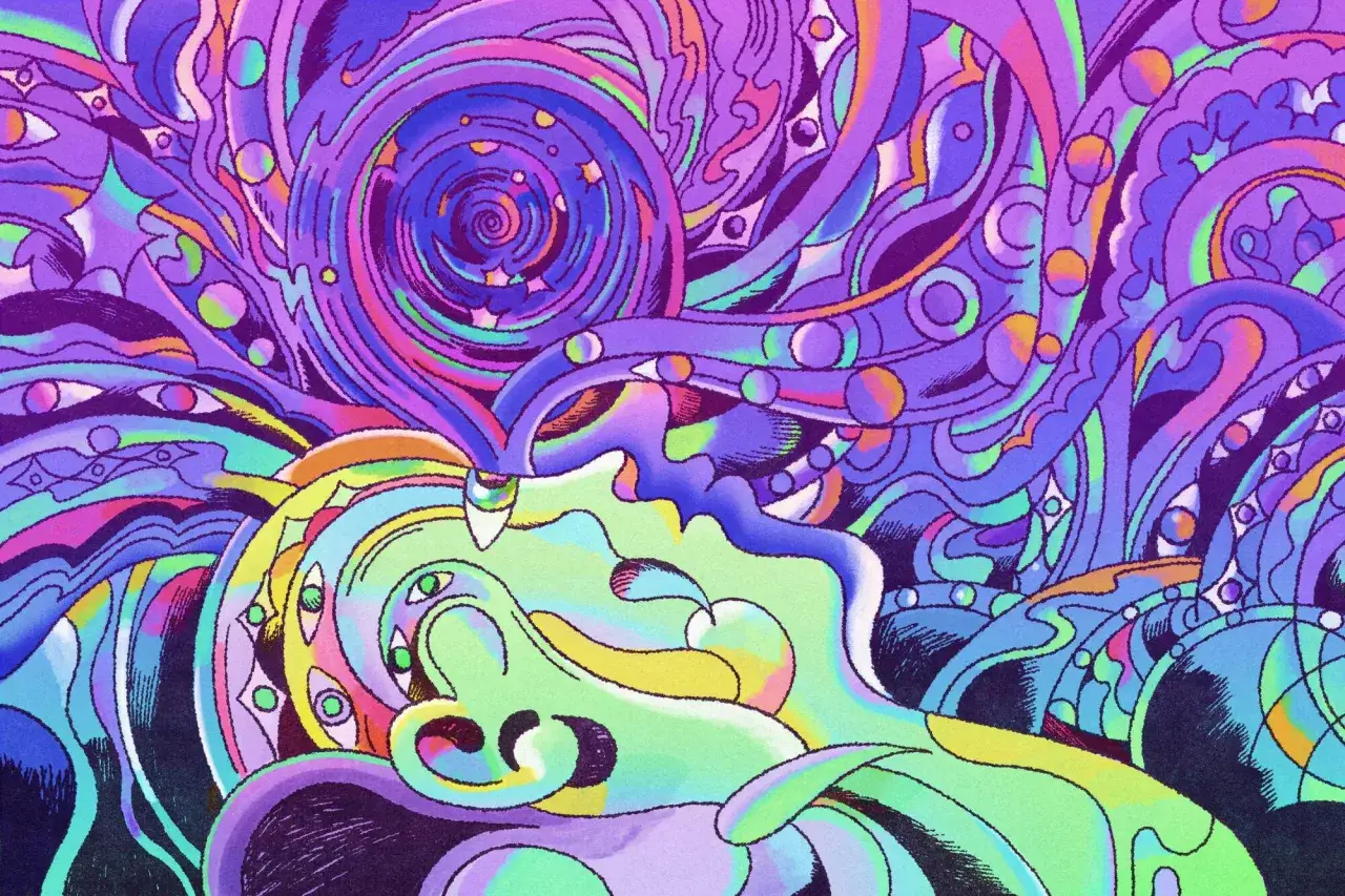 Kolorowe, psychodeliczne halucynacje po grzybach. Wzory przypominają oczy i wirujące kształty, tworząc surrealistyczny krajobraz.