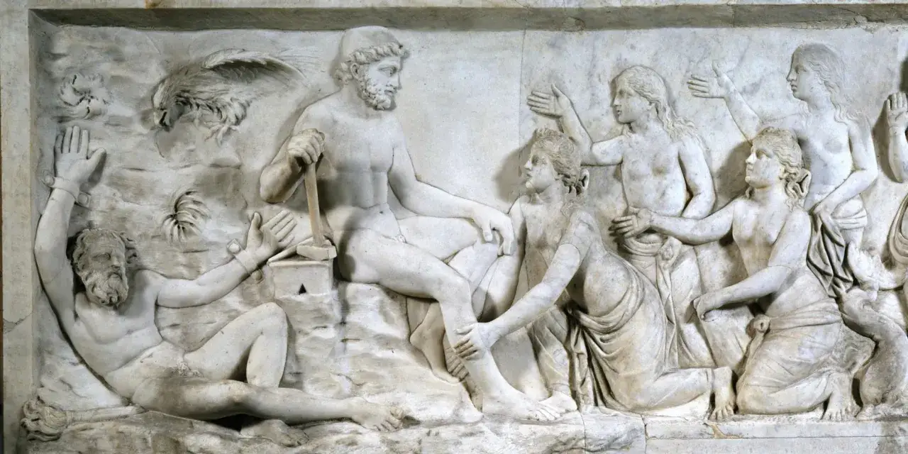 Relief zeigt den Prometheus-Mythos: gefesselter Prometheus, dem ein Adler die Leber auspickt, w&auml;hrend andere Figuren zusehen.