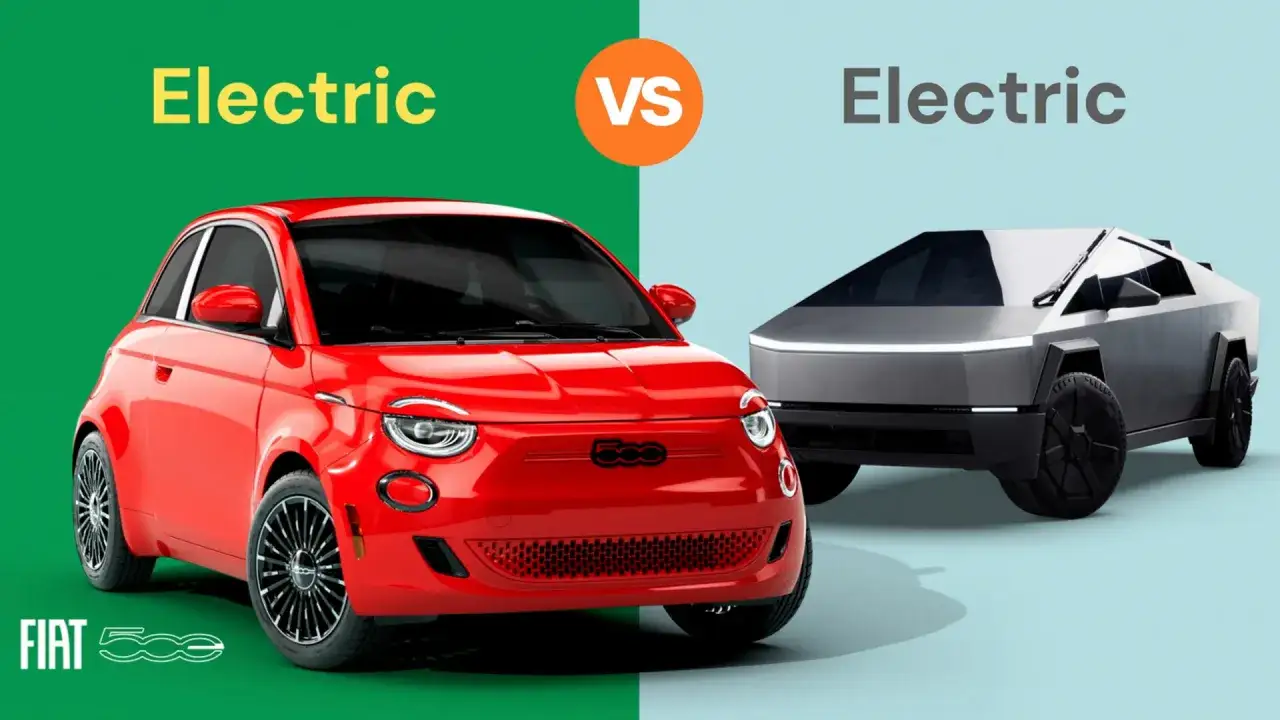 Czerwony fiat elektryczny kontra futurystyczny pojazd.