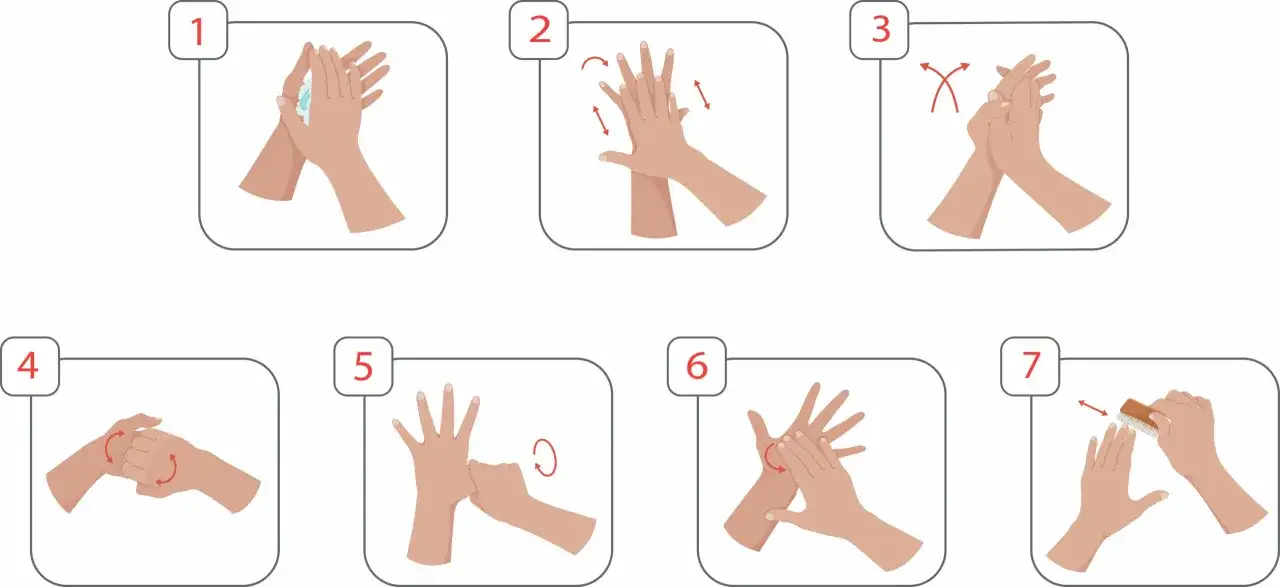 Étapes pour savoir quand faut il se laver les mains : savonnage, paume contre paume, doigts entrelacés, nettoyage des pouces, nettoyage des bouts des doigts, rinçage et séchage.
