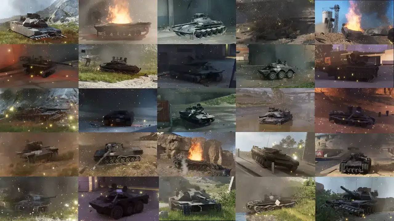 Kolekcja obrazów przedstawiających różne **ground war tanks** w akcji, niektóre w ogniu, inne w ruchu, w różnych sceneriach.