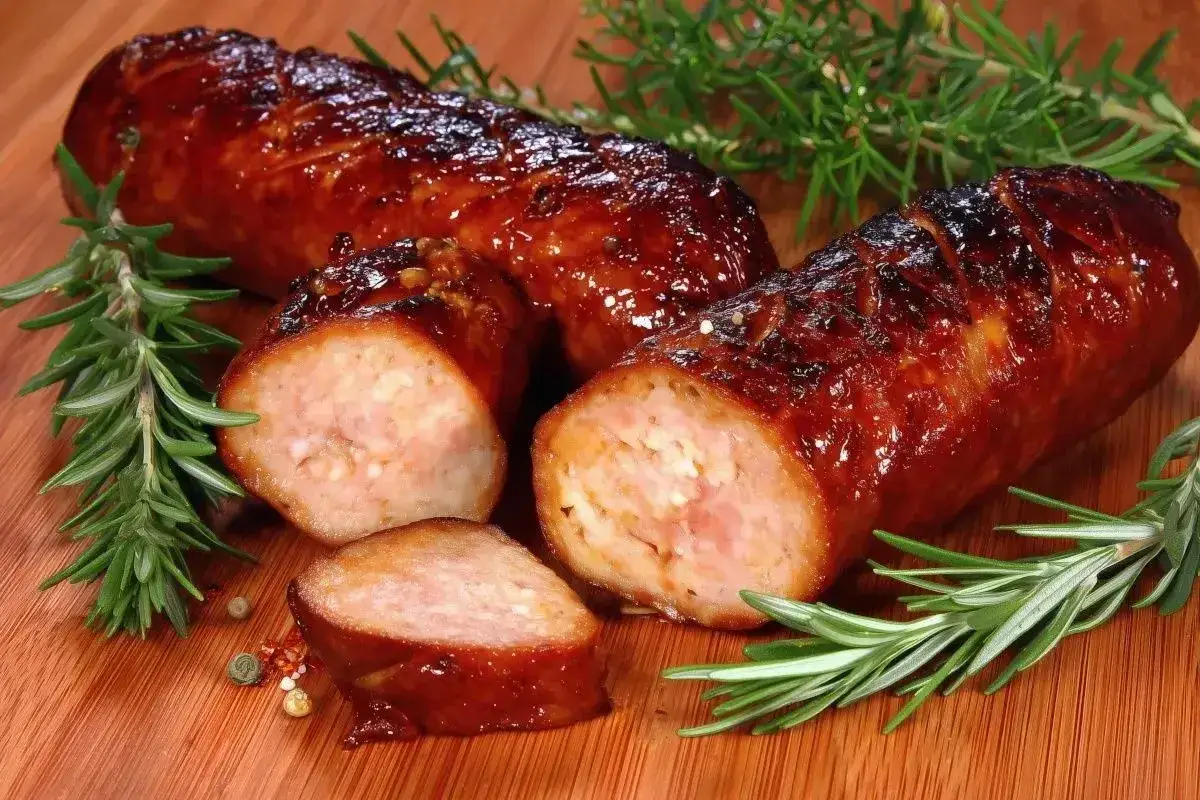 Soczysta kiełbasa z piekarnika, rumiana i apetyczna, z gałązkami rozmarynu i ziarnami pieprzu na desce.
