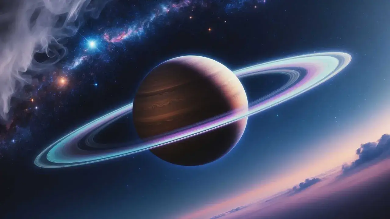 Majestatyczny Saturn z pierścieniami, niczym symbol w 10 domu, unosi się w kosmicznej przestrzeni.