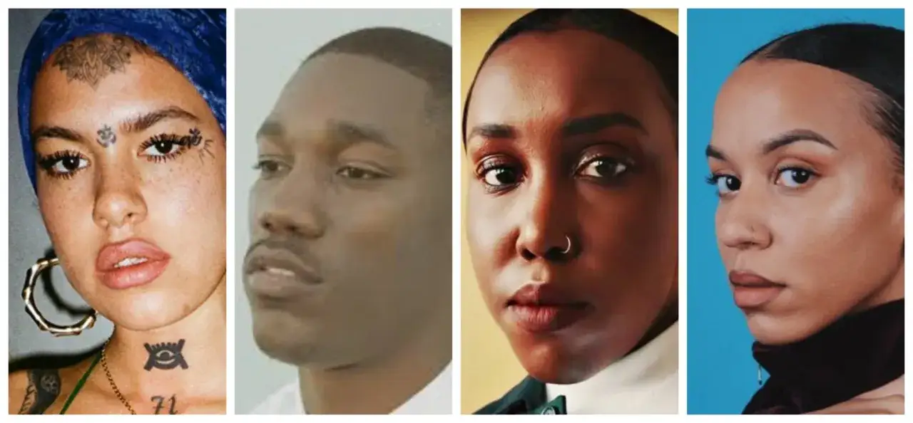 Vier Gesichter, vier neo soul artists. Eine Frau mit Stirntattoo, ein Mann mit Bart, eine Frau mit Nasenring und eine Frau mit blauem Hintergrund.