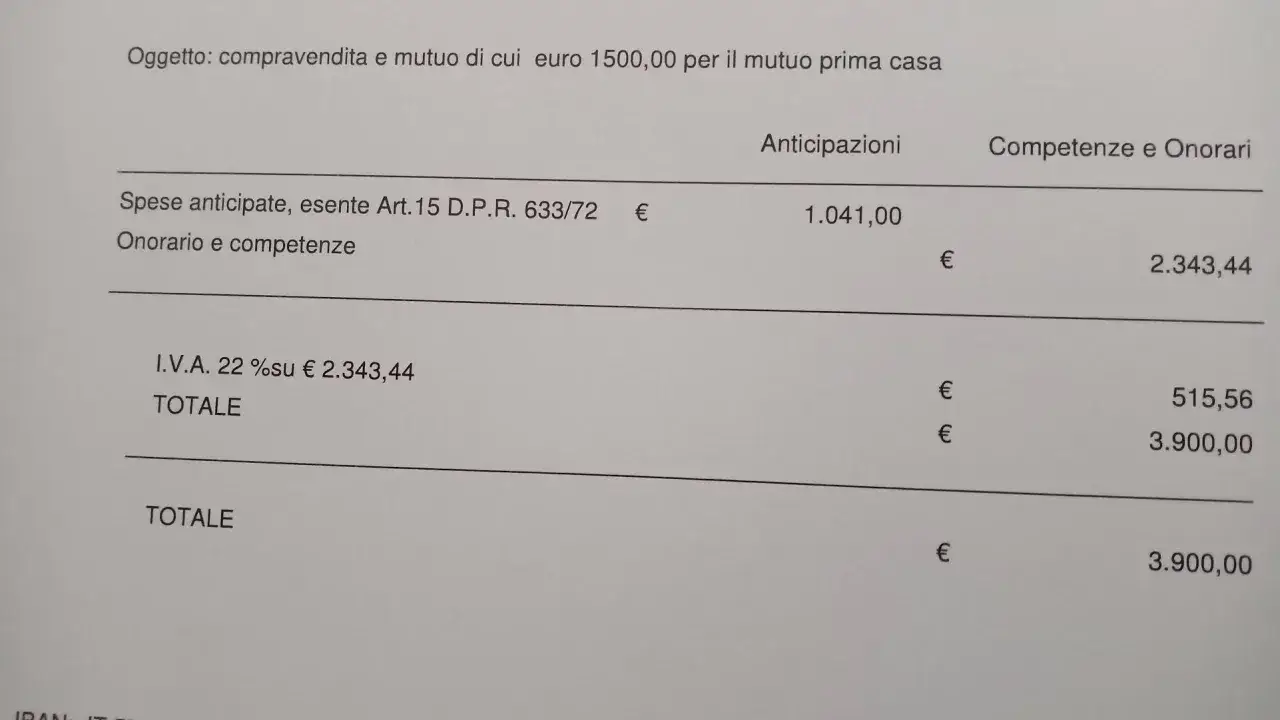 Dettagli costi per comprare casa senza anticipo: spese anticipate, onorario, competenze e IVA. Totale 3.900,00 €.