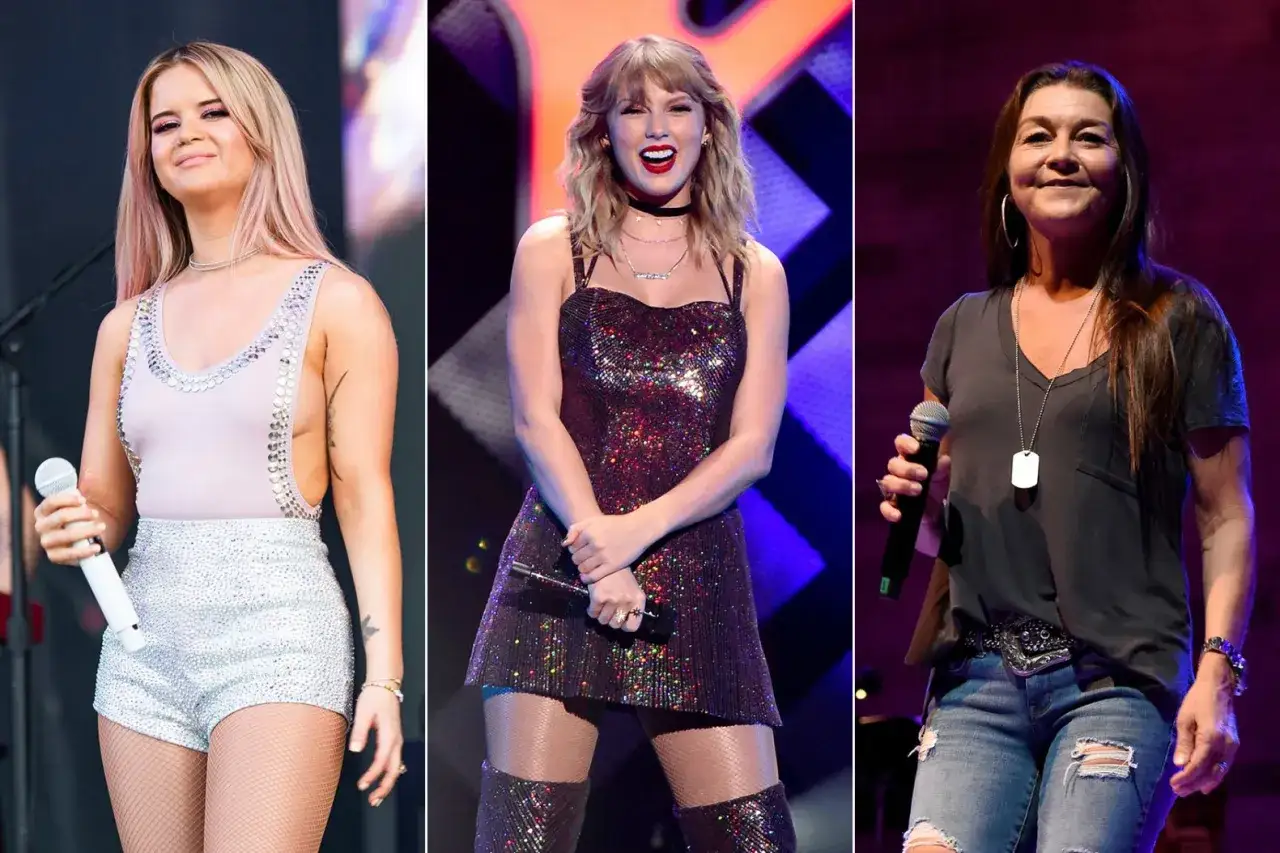 Trzy amerykańskie piosenkarki country: Maren Morris, Taylor Swift i Gretchen Wilson, w błyszczących strojach i jeansach, na scenie.