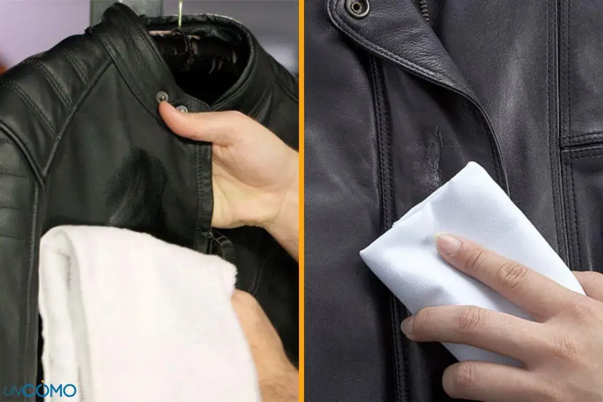 Entretien veste cuir : une main nettoie une veste en cuir noir avec un chiffon blanc.