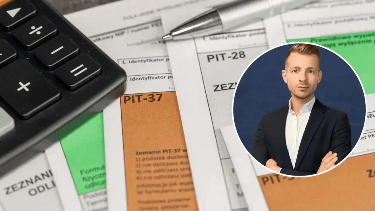 Kalkulator i formularze PIT-37, PIT-28. Mężczyzna w garniturze sugeruje pomoc w rozliczeniu podatkowym, np. zgodnie z art. 57 KKS.
