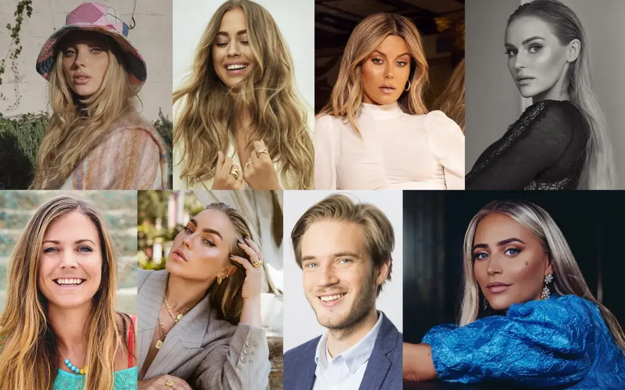 Porträtt av flera framstående svenska influencers, inklusive en man. Kanske några av de rikaste influencers i Sverige?