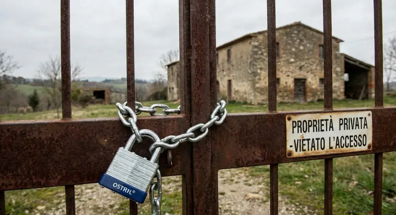 Cancello arrugginito con lucchetto e catena, impedire accesso comproprietario. Cartello