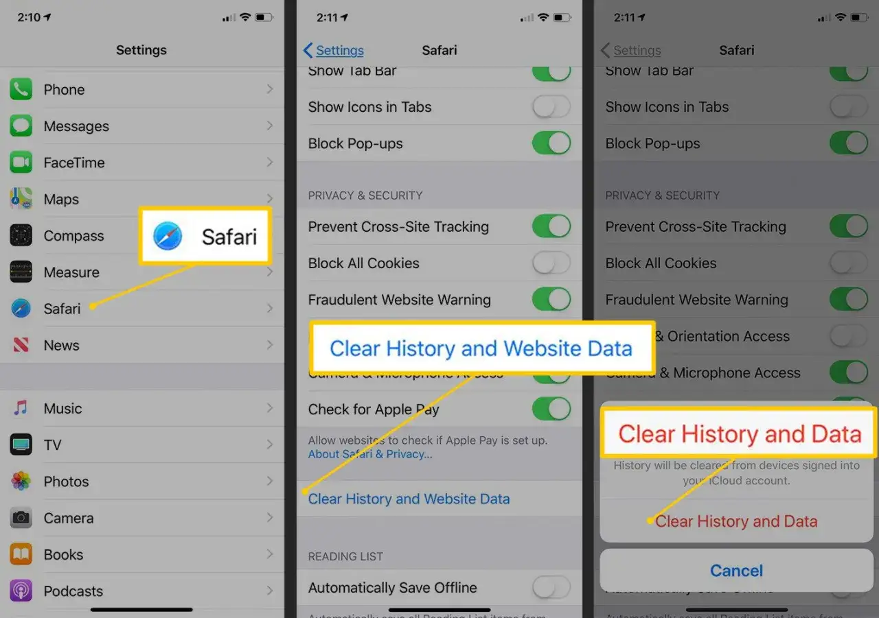 Czyszczenie pamięci podręcznej iPhone'a w Safari. Wybierz 