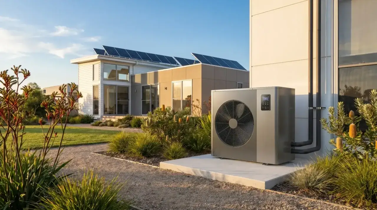 Nowoczesny dom z panelami słonecznymi i pompą ciepła, która spełnia moje ciepło wymagania.