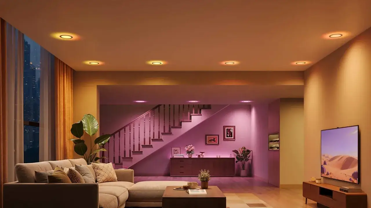 Modern living room with recessed lighting in warm tones, showing that recessed lighting is not out of style.