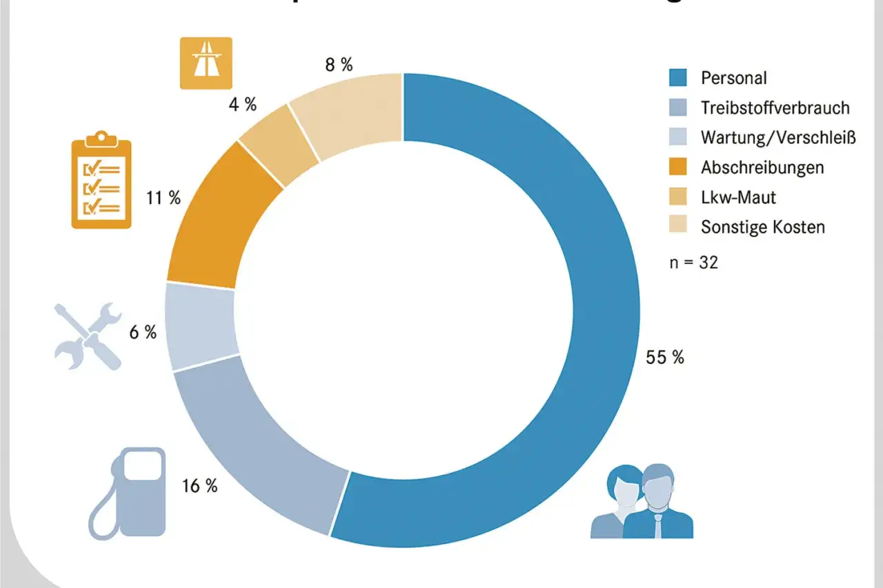 Kreisdiagramm zeigt Kostenverteilung: Personal (55%), Abschreibungen (11%), Treibstoff (16%), Wartung (6%), Lkw-Maut (8%), Sonstiges (4%). Die Fracht Bedeutung wird hier durch die Kosten dargestellt.