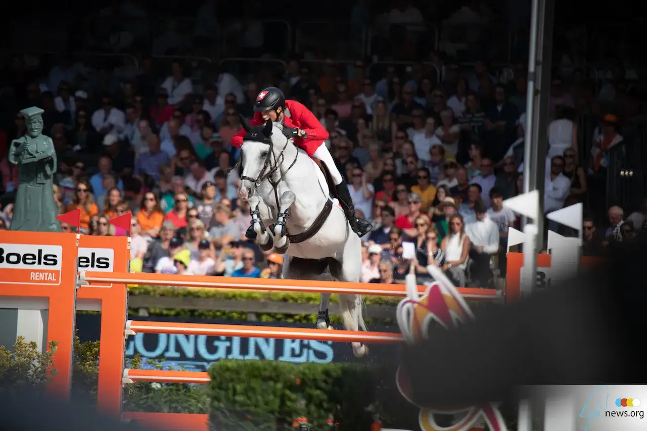 Cavalier en rouge, sur un cheval blanc, saute un obstacle. Le public est nombreux. Le cavalier, tel un Clooney 51, est concentré.