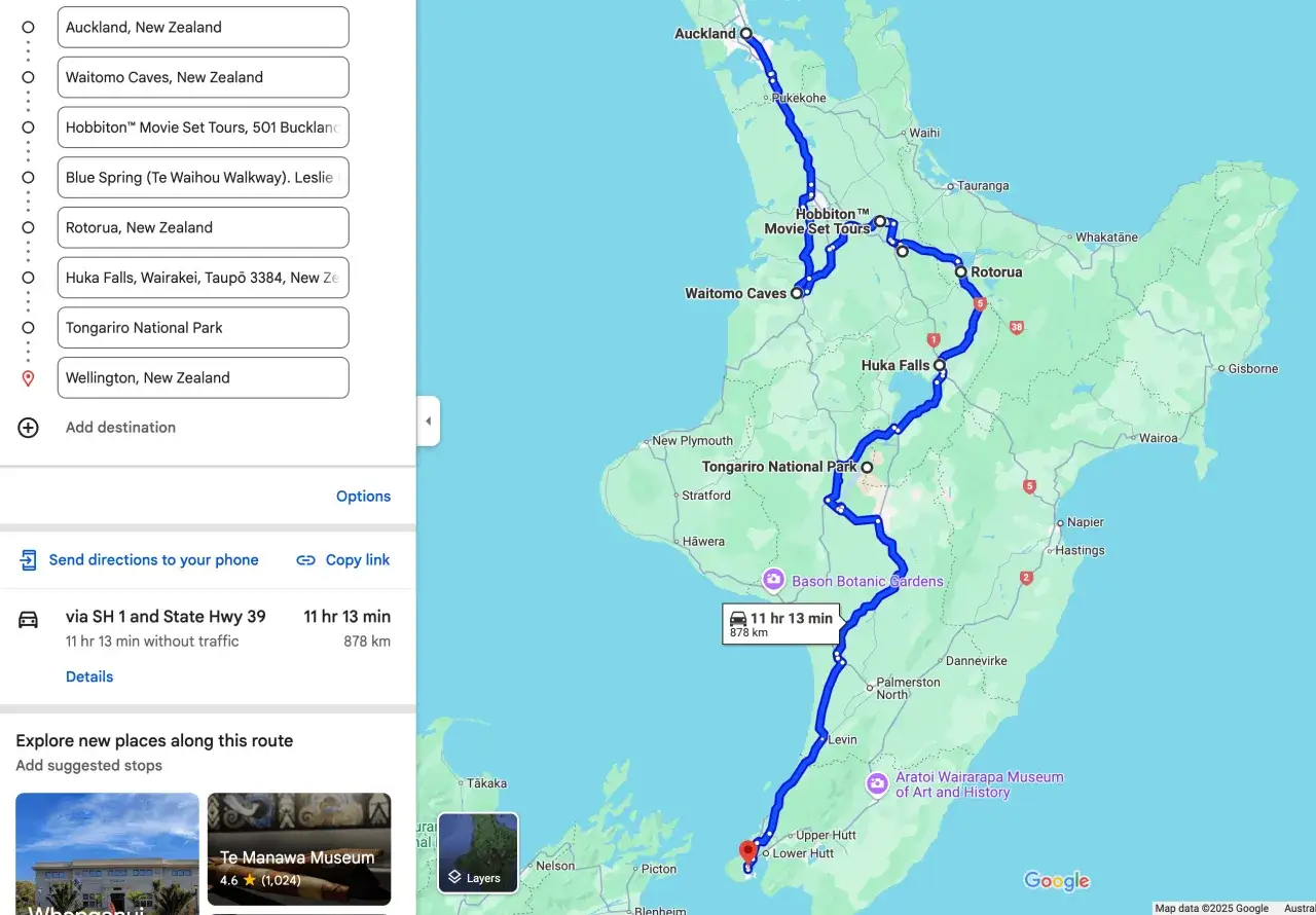 Trasa z Auckland do Wellington w Nowej Zelandii trwa 11h 13min.