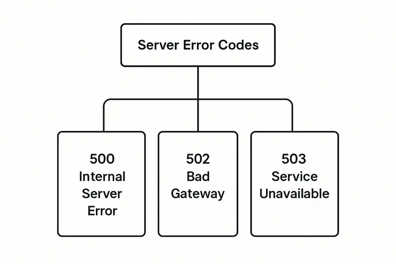 Schemat błędów serwera: 500 Internal Server Error, 502 Bad Gateway, 503 Service Unavailable.