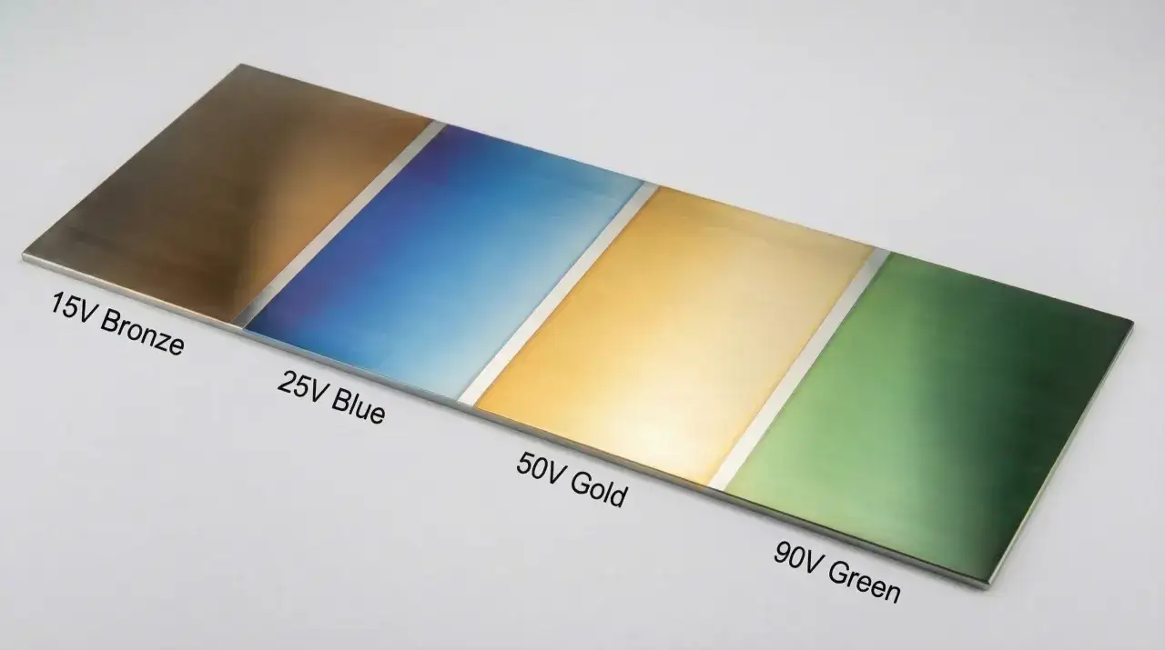 Campione di anodizzazione titanio colori: bronzo, blu, oro e verde.